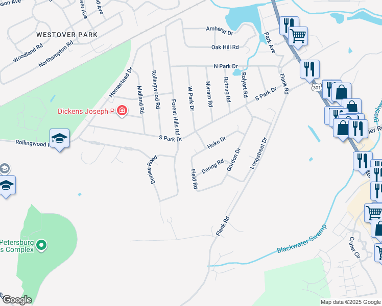 map of restaurants, bars, coffee shops, grocery stores, and more near 629 Hoke Drive in Petersburg