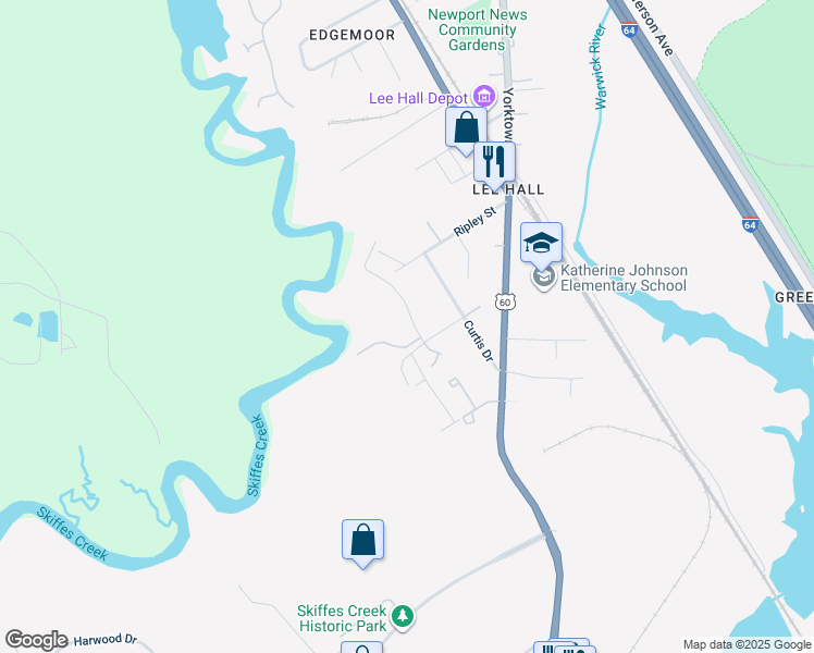 map of restaurants, bars, coffee shops, grocery stores, and more near 203 Bridgewater Drive in Newport News