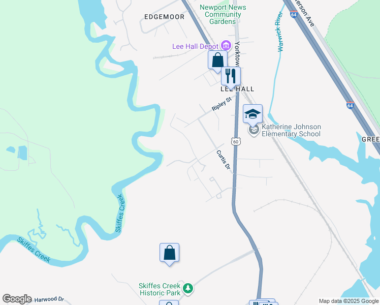 map of restaurants, bars, coffee shops, grocery stores, and more near 203 Bridgewater Drive in Newport News