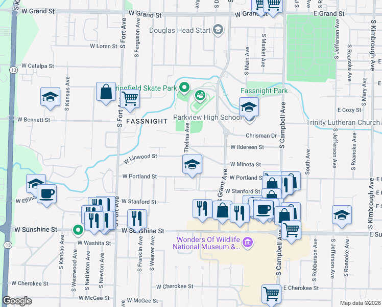 map of restaurants, bars, coffee shops, grocery stores, and more near 1465 South Thelma Avenue in Springfield