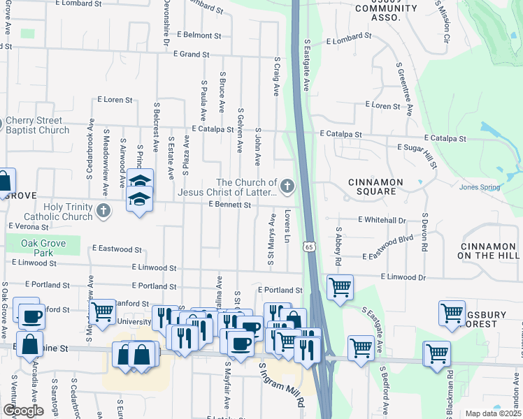 map of restaurants, bars, coffee shops, grocery stores, and more near 1406 South John Avenue in Springfield
