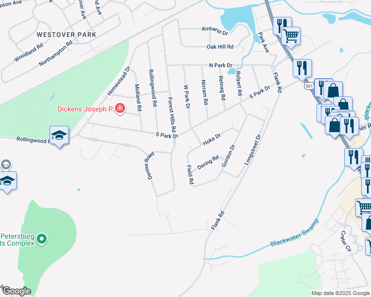 map of restaurants, bars, coffee shops, grocery stores, and more near 629 Hoke Drive in Petersburg