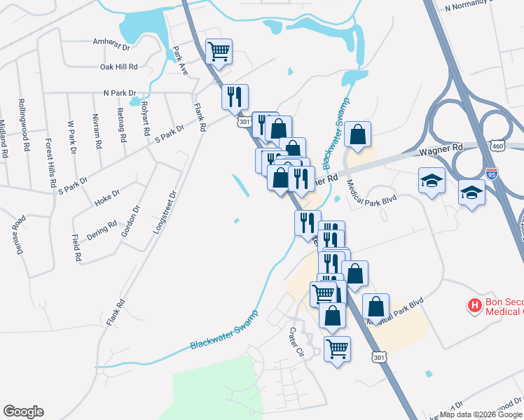 map of restaurants, bars, coffee shops, grocery stores, and more near 3218 South Crater Road in Petersburg