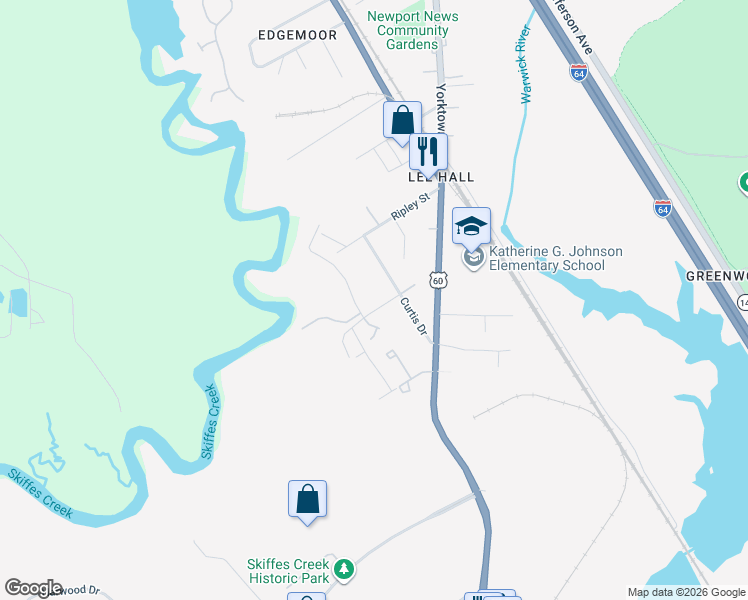 map of restaurants, bars, coffee shops, grocery stores, and more near 226 Bridgewater Drive in Newport News