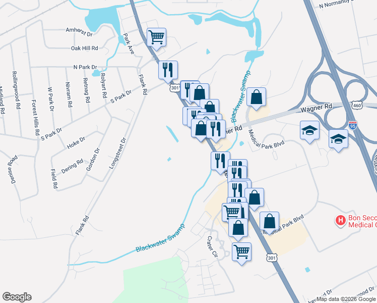 map of restaurants, bars, coffee shops, grocery stores, and more near 3218 South Crater Road in Petersburg