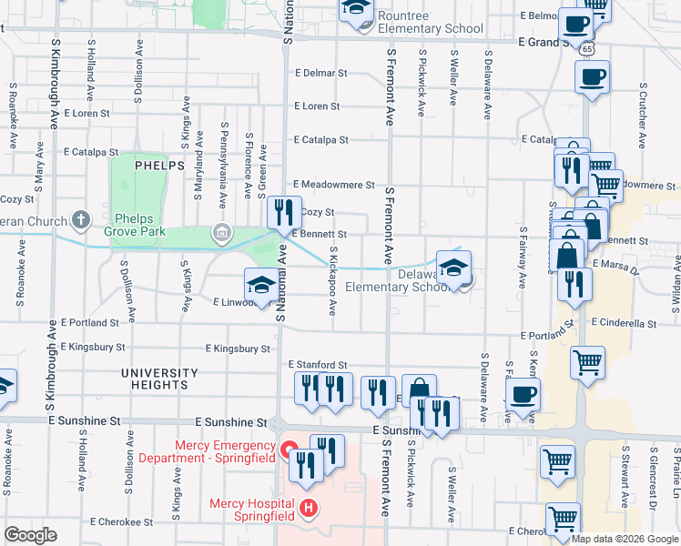 map of restaurants, bars, coffee shops, grocery stores, and more near 1435 South Rogers Avenue in Springfield