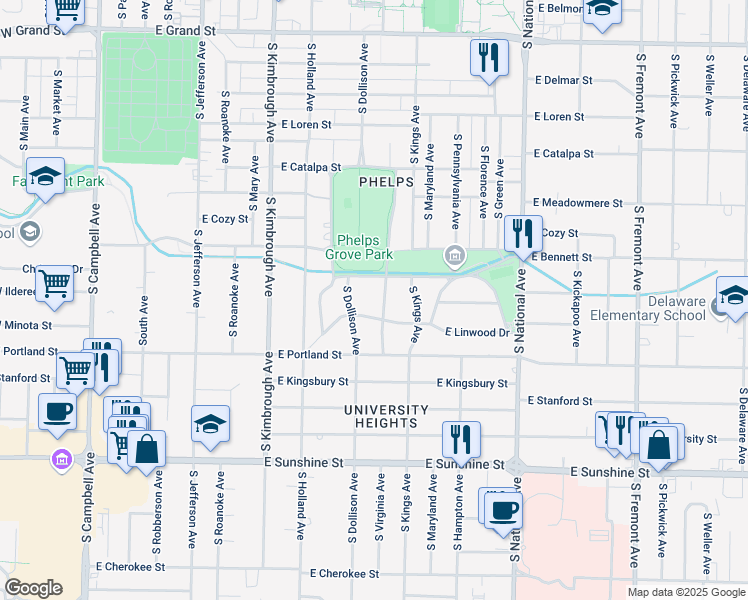 map of restaurants, bars, coffee shops, grocery stores, and more near 1448 S Virginia Ave in Springfield