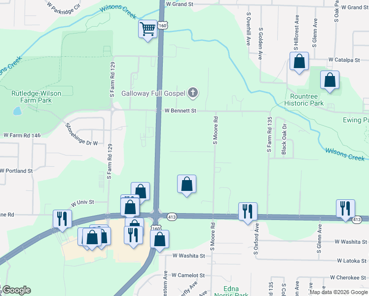 map of restaurants, bars, coffee shops, grocery stores, and more near 3421 West Farm Road 148 in Springfield
