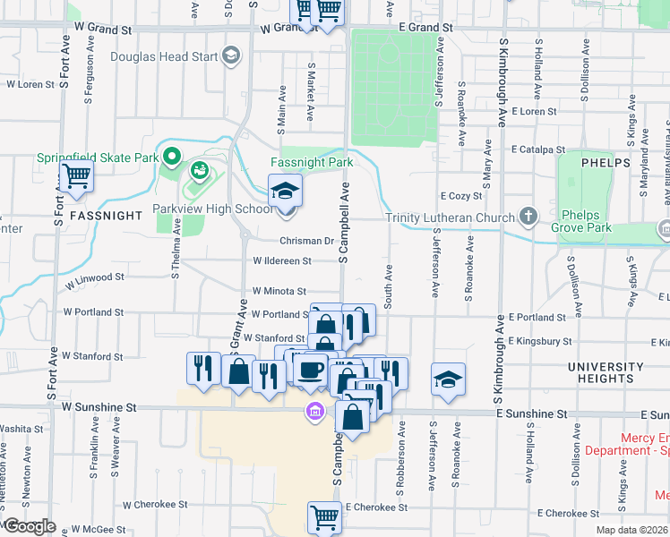map of restaurants, bars, coffee shops, grocery stores, and more near 413 West Ildereen Street in Springfield
