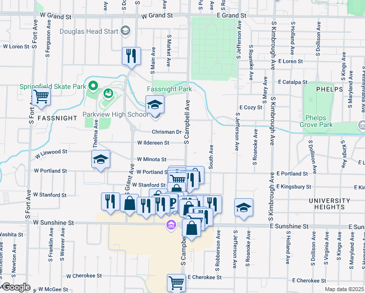 map of restaurants, bars, coffee shops, grocery stores, and more near 400 West Ildereen Street in Springfield