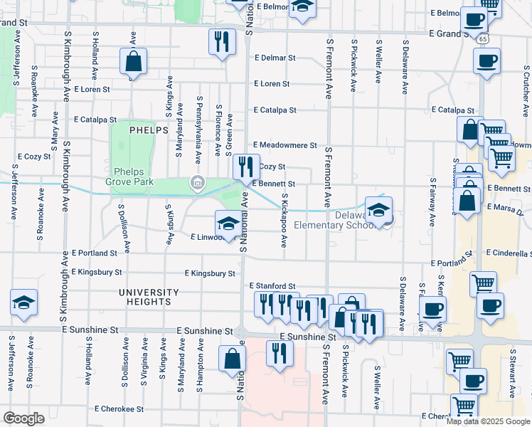 map of restaurants, bars, coffee shops, grocery stores, and more near 1232 East Linwood Street in Springfield