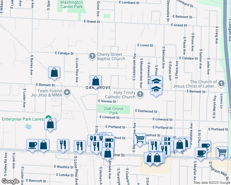 map of restaurants, bars, coffee shops, grocery stores, and more near 1407 South Arcadia Avenue in Springfield