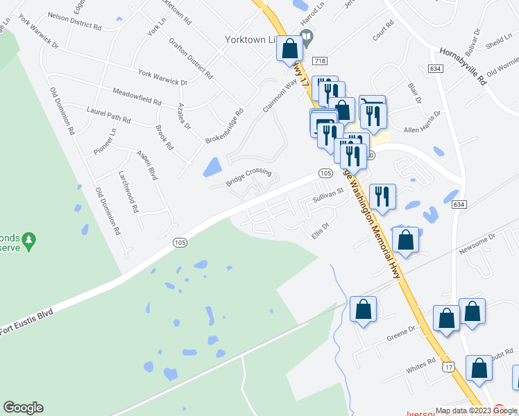 map of restaurants, bars, coffee shops, grocery stores, and more near 115 Cypress Crossing in Yorktown