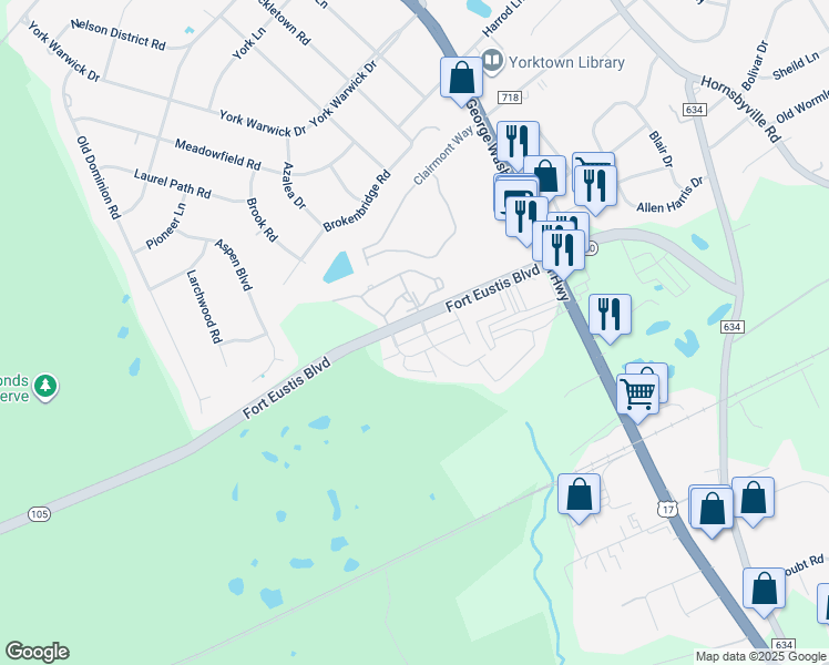 map of restaurants, bars, coffee shops, grocery stores, and more near 117 Cypress Crossing in Yorktown
