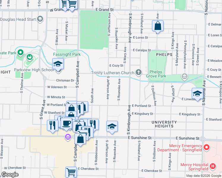 map of restaurants, bars, coffee shops, grocery stores, and more near 1451 South Roanoke Avenue in Springfield