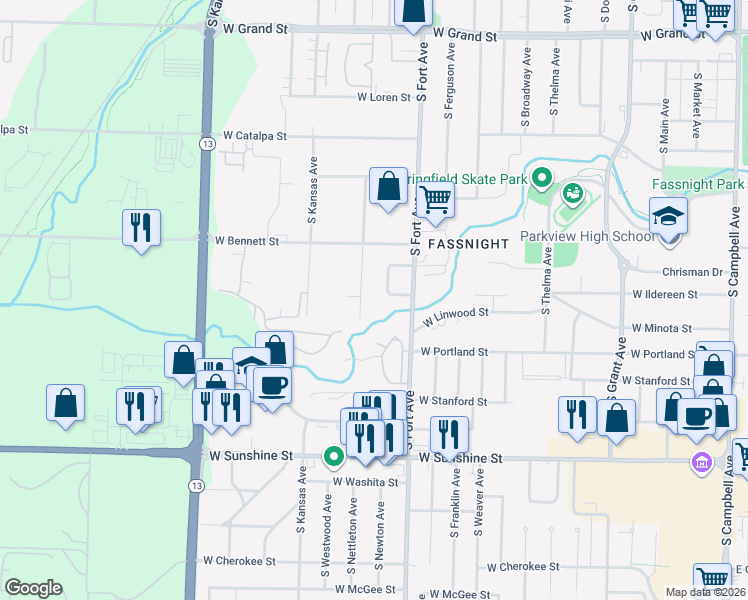 map of restaurants, bars, coffee shops, grocery stores, and more near 1500 S Newton Ave in Springfield