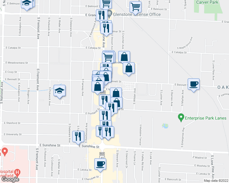 map of restaurants, bars, coffee shops, grocery stores, and more near 1442 South Glenstone Avenue in Springfield