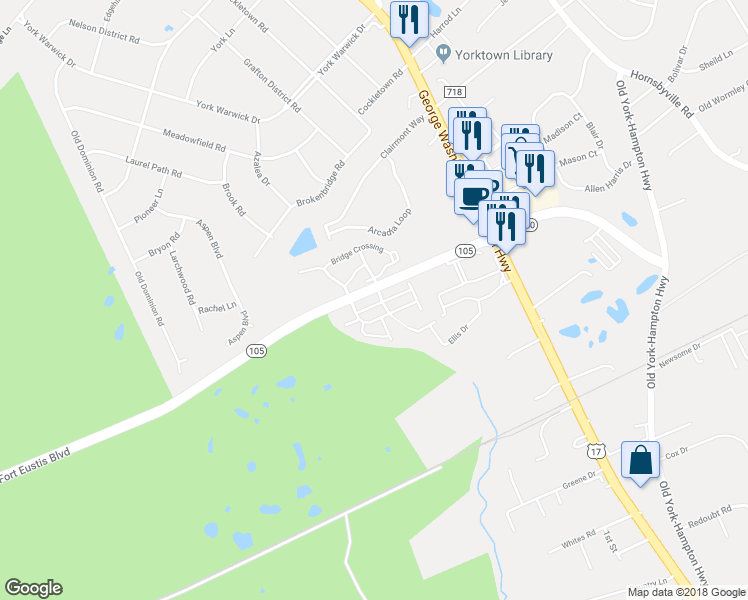 map of restaurants, bars, coffee shops, grocery stores, and more near 119 Cypress Crossing in Yorktown