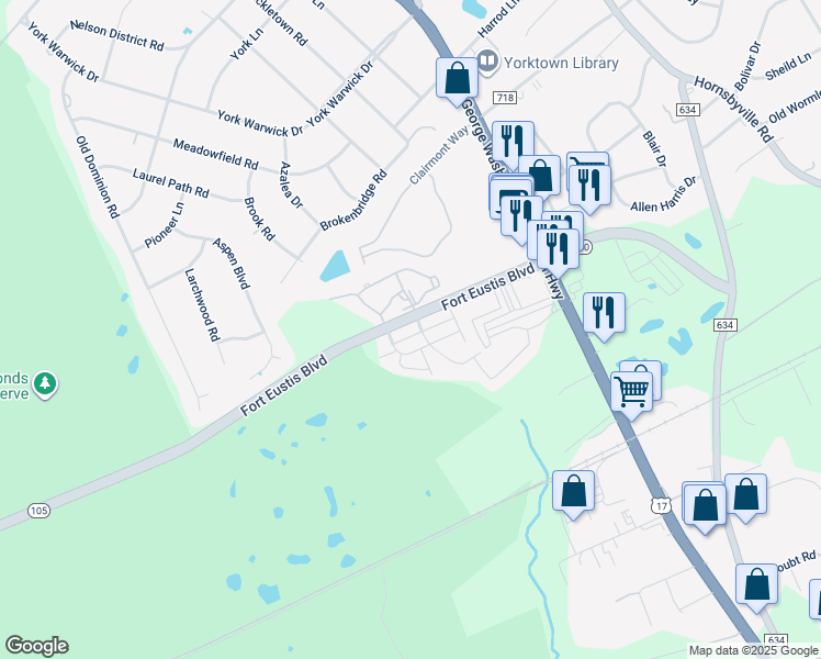 map of restaurants, bars, coffee shops, grocery stores, and more near 117 Cypress Crossing in Yorktown