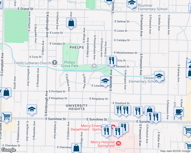 map of restaurants, bars, coffee shops, grocery stores, and more near 1041 East Linwood Terrace in Springfield