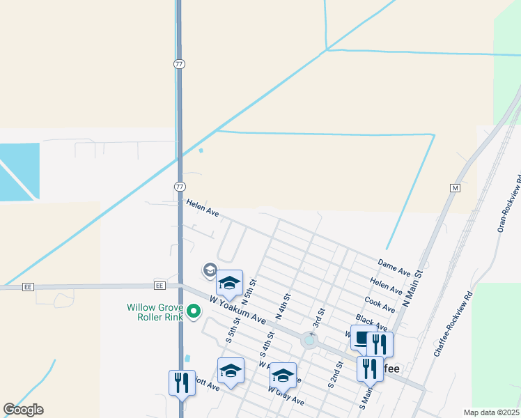 map of restaurants, bars, coffee shops, grocery stores, and more near 507 Dame Avenue in Chaffee