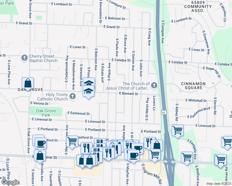 map of restaurants, bars, coffee shops, grocery stores, and more near 3157 East Bennett Street in Springfield