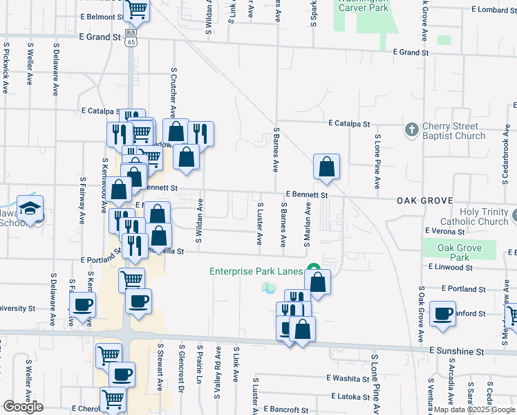 map of restaurants, bars, coffee shops, grocery stores, and more near 1418 South Luster Avenue in Springfield