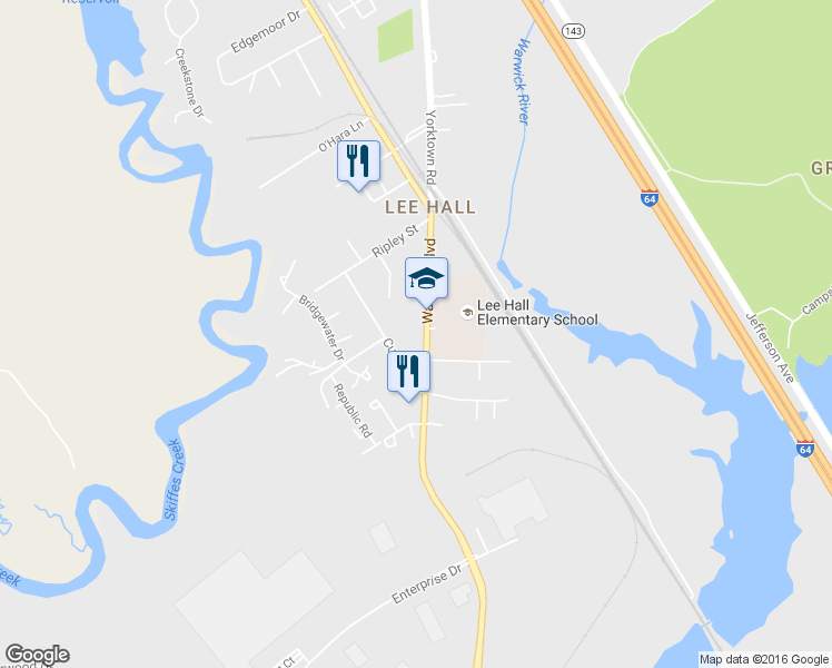 map of restaurants, bars, coffee shops, grocery stores, and more near 17343 Warwick Blvd in Newport News