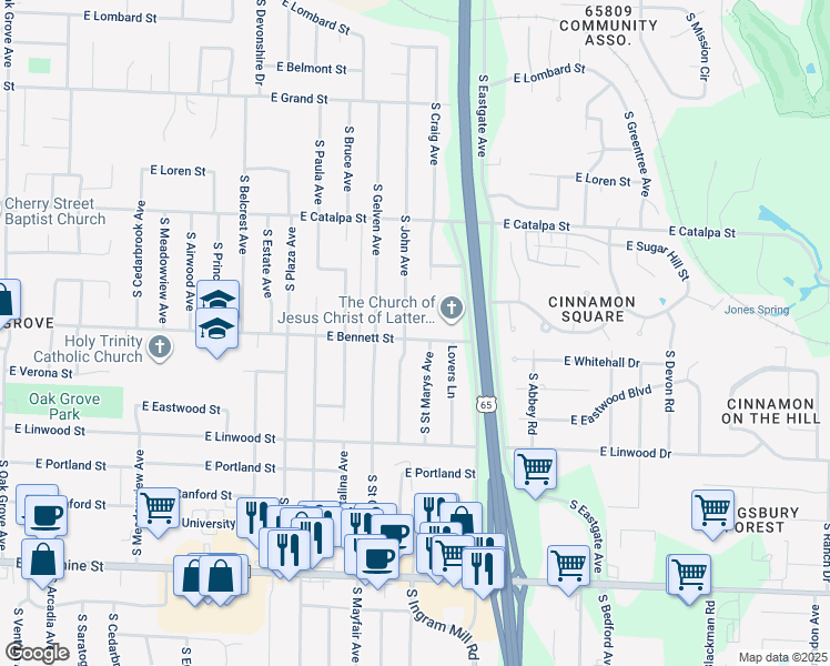 map of restaurants, bars, coffee shops, grocery stores, and more near 1360 South John Avenue in Springfield