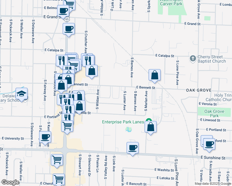 map of restaurants, bars, coffee shops, grocery stores, and more near 2072 East Bennett Street in Springfield