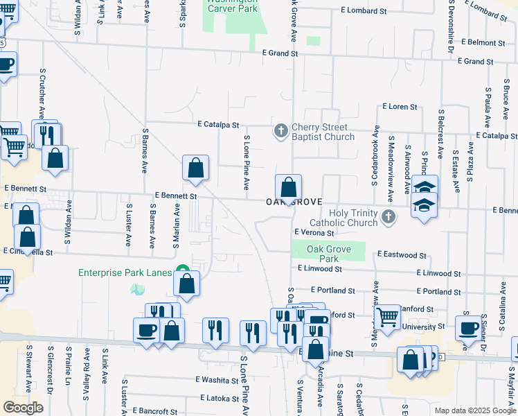 map of restaurants, bars, coffee shops, grocery stores, and more near 2526 East Bennett Street in Springfield
