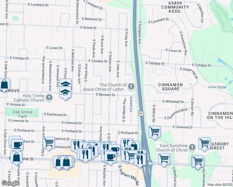 map of restaurants, bars, coffee shops, grocery stores, and more near 1360 South John Avenue in Springfield