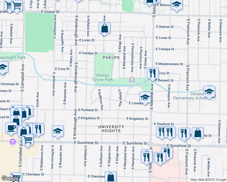 map of restaurants, bars, coffee shops, grocery stores, and more near 1448 South Virginia Avenue in Springfield