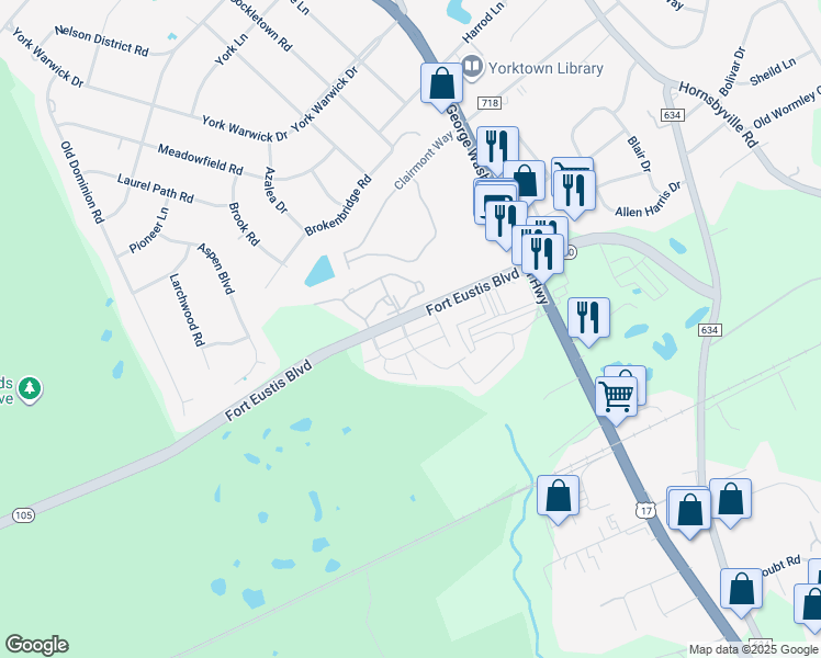 map of restaurants, bars, coffee shops, grocery stores, and more near 203 Manchester Way in Yorktown