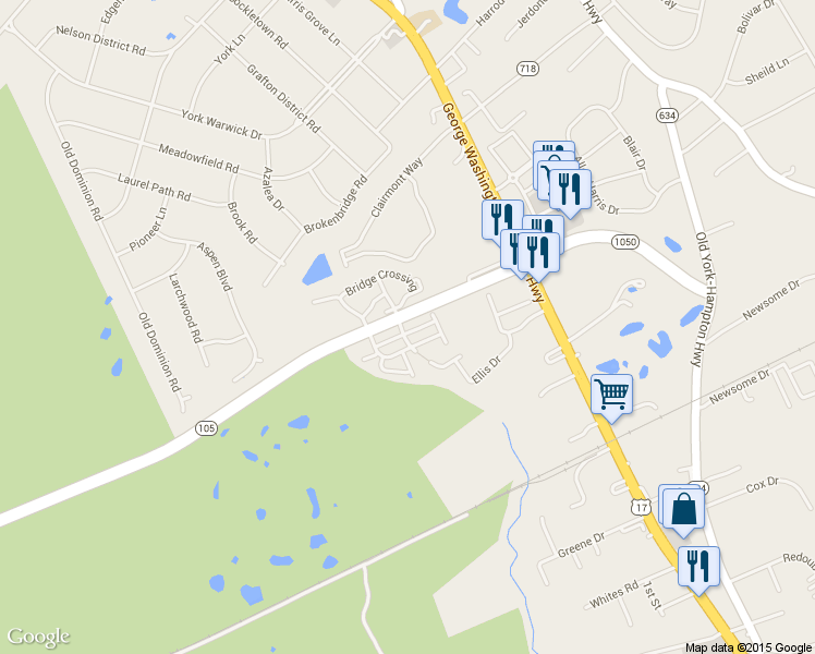 map of restaurants, bars, coffee shops, grocery stores, and more near 203 Manchester Way in Yorktown