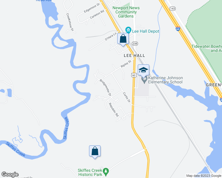 map of restaurants, bars, coffee shops, grocery stores, and more near 226 Bridgewater Drive in Newport News