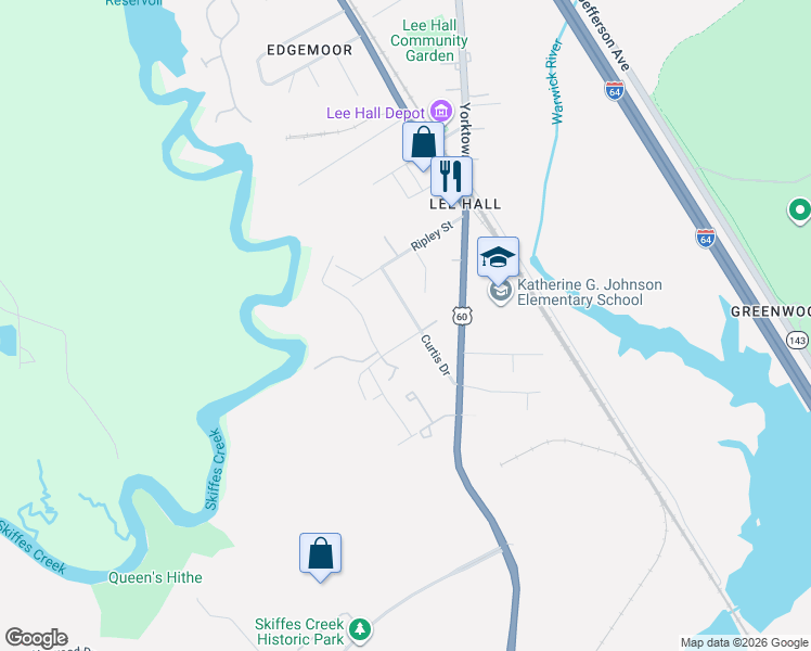 map of restaurants, bars, coffee shops, grocery stores, and more near 20 Curtis Drive in Newport News