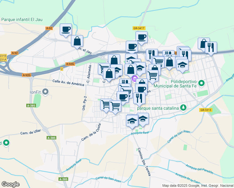 map of restaurants, bars, coffee shops, grocery stores, and more near 28 Calle Rosa in Santa Fe