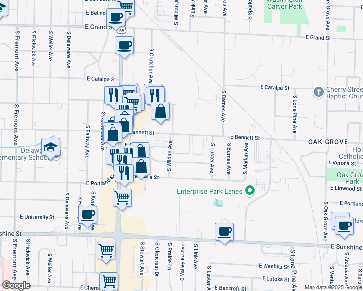 map of restaurants, bars, coffee shops, grocery stores, and more near 2020 East Bennett Street in Springfield