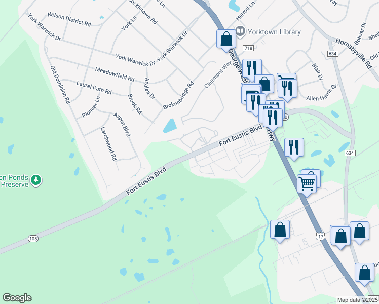 map of restaurants, bars, coffee shops, grocery stores, and more near 2201 Fort Eustis Boulevard in Yorktown