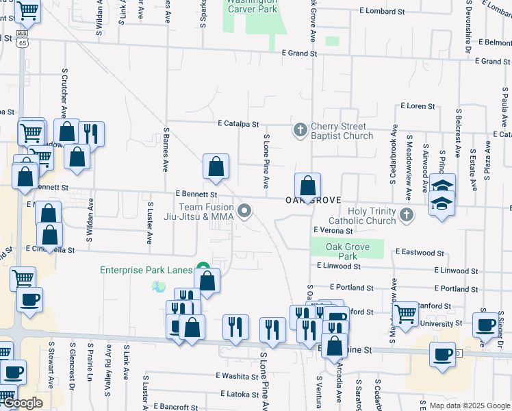 map of restaurants, bars, coffee shops, grocery stores, and more near 2432 East Bennett Street in Springfield