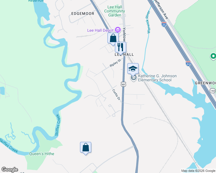 map of restaurants, bars, coffee shops, grocery stores, and more near 20 Curtis Drive in Newport News