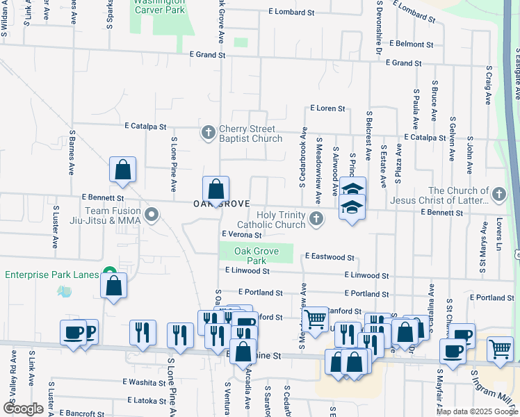 map of restaurants, bars, coffee shops, grocery stores, and more near 1407 South Arcadia Avenue in Springfield