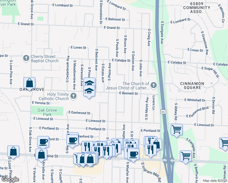 map of restaurants, bars, coffee shops, grocery stores, and more near 3101-3157 East Bennett Street in Springfield