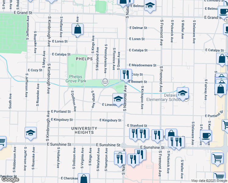 map of restaurants, bars, coffee shops, grocery stores, and more near 1101-1159 East Linwood Circle in Springfield