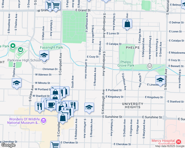 map of restaurants, bars, coffee shops, grocery stores, and more near 1451 South Roanoke Avenue in Springfield