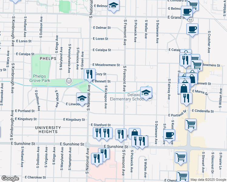 map of restaurants, bars, coffee shops, grocery stores, and more near 1435 South Rogers Avenue in Springfield