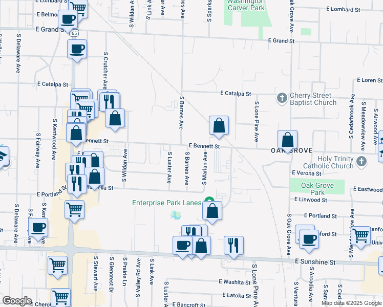 map of restaurants, bars, coffee shops, grocery stores, and more near 1418 South Barnes Avenue in Springfield