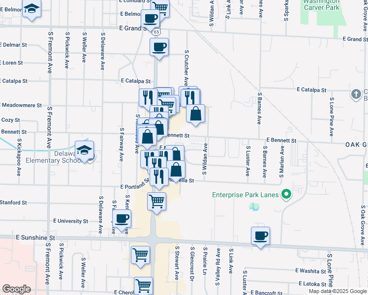 map of restaurants, bars, coffee shops, grocery stores, and more near 1901 East Verona Street in Springfield