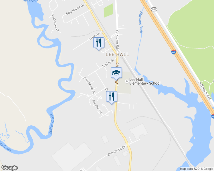 map of restaurants, bars, coffee shops, grocery stores, and more near 20 Curtis Dr in Newport News